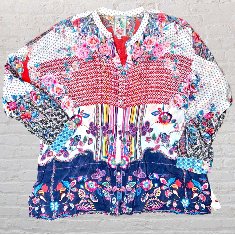 Johnny Was Pink & White Button-Down Blouse – Size M